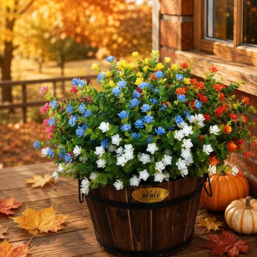 Artificial Flowers Outdoors, 12 Bundles Fake Flowers UV-Anti for Decoration Faux Plastic Plants Garden Porch Window Box Décor, WhitePinkYellowOrangeBlueGreen - color: White+ Pink+ Yellow+ Orange+ Blue+ Green