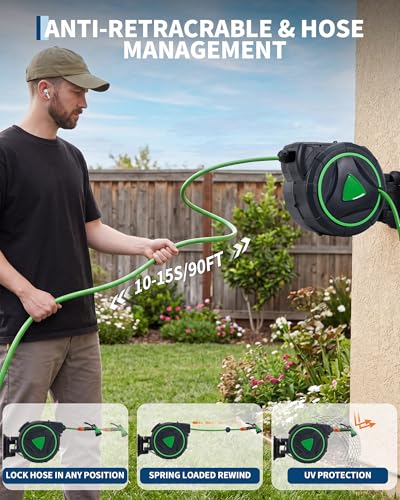 Garvee Retractable Garden Hose Reel, 5/8 IN x 90 ft Wall Mounted Heavy Duty - size: 5/8'' 90FT