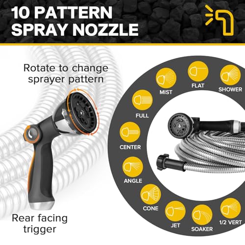 Metal Garden Hose 150ft Heavy Duty Stainless Steel Water Hose with Sprayer & Metal Fittings Flexible Lightweight Hose Puncture Proof Hose for Yard, Outdoors, Rv - size: 150FT