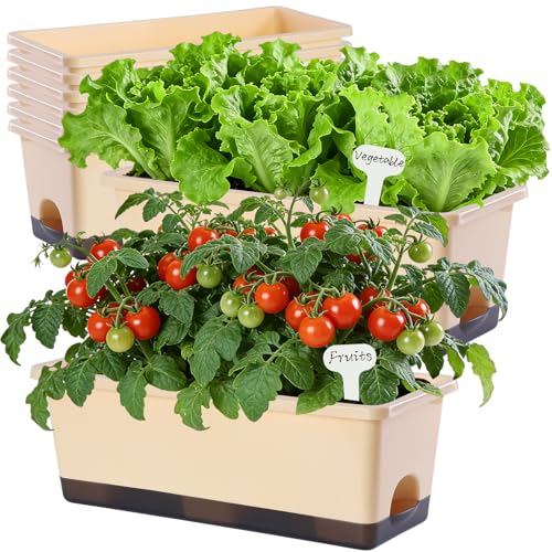 Oliz Window Box Planter 8 Pcs, 17 Inches Rectangle Flower Pots with Drainage Holes & Trays, Vegetable Planters for Windowsill Patio Garden Balcony Home Indoor Outdoor (Barley Yellow, 16 * 7 * 6 inch) - color: Barley Yellow