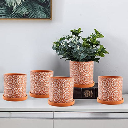 Jucoan 2 Pack Terracotta Plant Pot, 5'' Red Clay Planter Pot with Boho Flower Pattern, Ceramic Cactus Flower Planter Succulent Pot with Drainage Hole and Saucer for Indoor Outdoor Plant