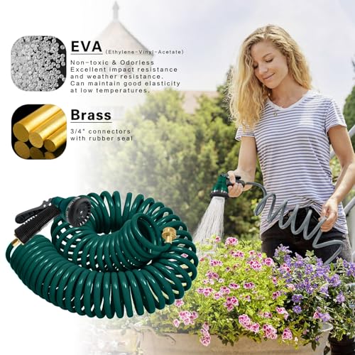 Coil Hose 25FT EVA Coil Garden Hose With 3/4'' Brass Connector - color: Green, size: 25ft