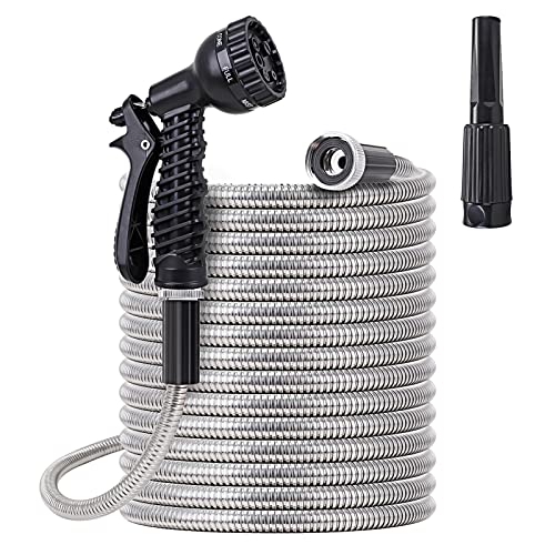 Metal Garden Hose 50 ft - Stainless Steel Water Hose with 2 Nozzles, Lightweight, Tangle Free & Kink Free, Heavy Duty, High Pressure, Flexible, Dog Proof - size: 50FT