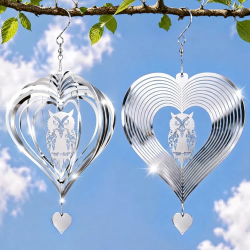 2 Pcs Owl Bird Deterrents for Outside 8" Stainless Steel 3D Reflective Bird Scare Devices Wind Spinners Heart Shape Pigeon Deterrent Reflectors for Outdoor Patio Yard Farm Decor Gifts Women