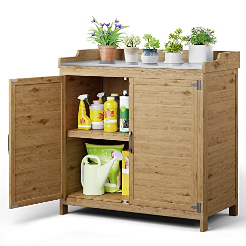 Gizoon Outdoor Potting Bench with Metal Tabletop, Wooden Cabinet, Natural