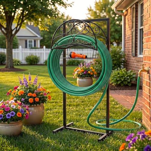 Garden Hose Holder – Freestanding Water Hose Reel Stand Heavy Duty Metal, Outdoor Hose Storage Rack for 150-160FT, Portable Water Hose Holder for Outside Yard Patio Lawn