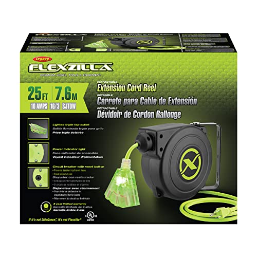 Flexzilla Retractable Extension 16/3 AWG 25' Electric Cord Reel, ZillaGreen, FZ8160253 - size: 25ft / 16 Gauge