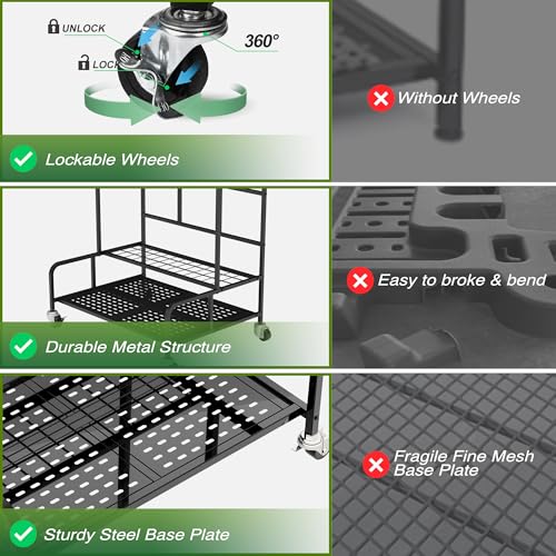 Garden Tool Organizer Rack with Wheels Up to 39 Tools, Heavy-Duty Steel Yard Tool Organizer for Garage Storage with 12 Hooks, Broom Holder & Garden Tool Rack for Shed, Patio, Outdoor Use, Black - style: Rack With Accessories