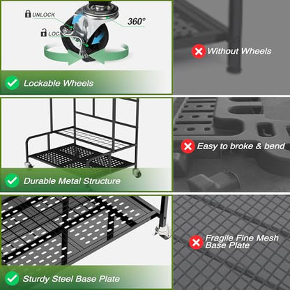 Garden Tool Organizer Rack with Wheels Up to 39 Tools, Heavy-Duty Steel Yard Tool Organizer for Garage Storage with 12 Hooks, Broom Holder & Garden Tool Rack for Shed, Patio, Outdoor Use, Black - style: Rack With Accessories