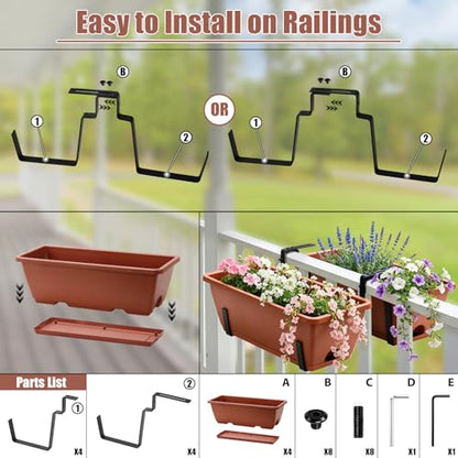 4-Pack Railing Planter Boxes with 2 Sets Double-Sided Adjustable Brackets - color: Brick Red