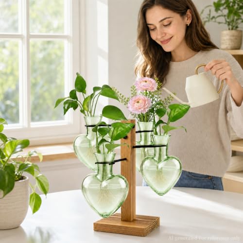 Plant Terrarium Propagation Station with 4 Heart Glass Vases - Green - color: Green