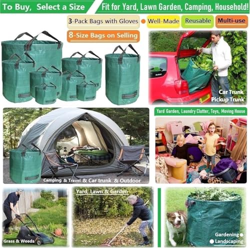 Professional 3-Pack 72 Gallon Lawn Garden Bags Big (D26,H30 in) Reusable Yard Waste Bags with Gardening Gloves for Leaf Bag,Lawn Clippings,Hedge Pruning,Tree Trimmings,Yard Debris,Weeds Bag 4 Handles