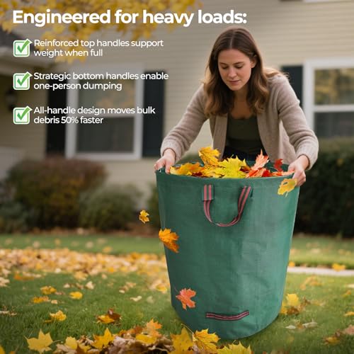 3-Pack 72 Gallon Reusable Yard Waste Bags with Plastic Ring, Extra Large Leaf Bags for Lawn Debris, Grass Clippings, Camping Trash Bin, Heavy Duty Collapsible Garden Bins with 4 Handles