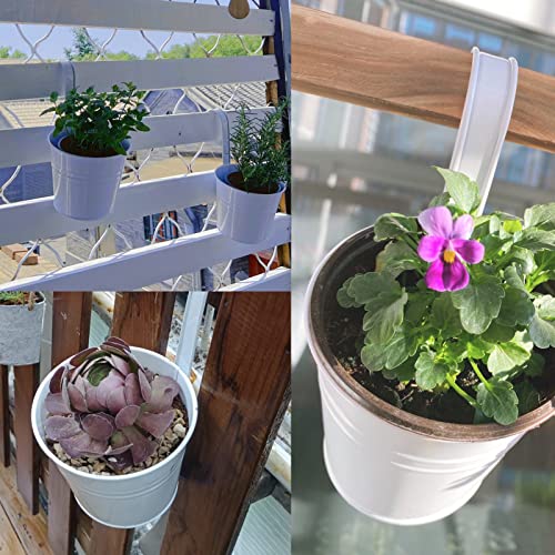 KINGLAKE Flower Pots,10 Pcs Metal Iron Hanging Flower Plant Pot Balcony Garden Plant Planter Baskets Fence Bucket Pots 6.3'' Flower Holders with Detachable Hook White - color: White, size: 6.3 Inch