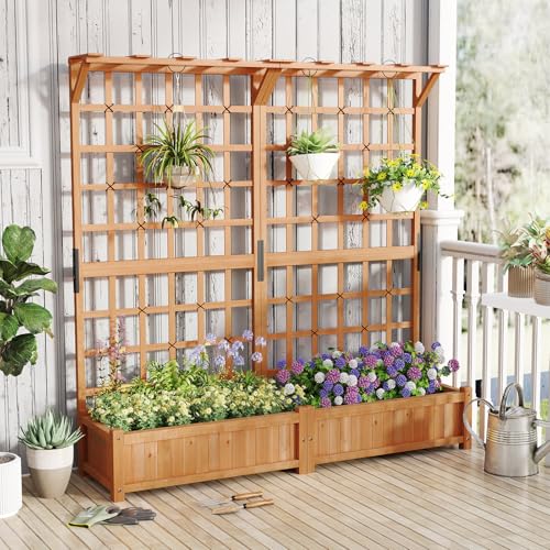 72" Raised Garden Bed with Lattice Trellis, Hanging Roof & Drainage Holes, Elevated Wooden Planter Box for Vine Climbing Plant, Flower, Herb & Vegetable