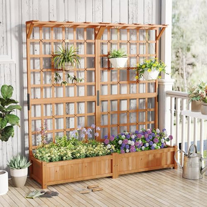 72" Raised Garden Bed with Lattice Trellis, Hanging Roof & Drainage Holes, Elevated Wooden Planter Box for Vine Climbing Plant, Flower, Herb & Vegetable