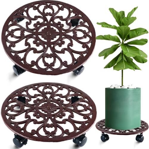 2 Packs 14 Inch Rolling Plant Stand with Wheels Metal Plant Caddy with Wheels Heavy Duty Round Plant Stand Indoor Iron Plants Rollers for Plants, Plant Dolly Brown - color: Brown, size: 14 inch: 2 pcs