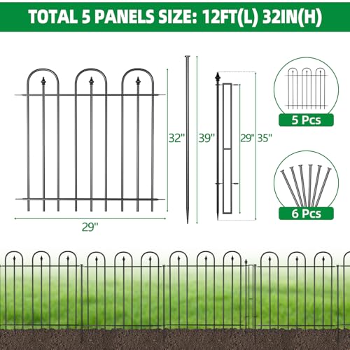 Garden Fence with Gate - 5 Panels, 32 in(H) x 12 ft(L) No Dig Animal Barrier, Arched Decorative Garden Fence Border with Ground Stakes, Rustproof Metal Fencing for Yard Patio Dog Rabbit - size: 5 Panels-12 ft(L) X 32 in(H)