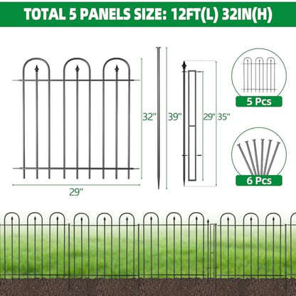 Garden Fence with Gate - 5 Panels, 32 in(H) x 12 ft(L) No Dig Animal Barrier, Arched Decorative Garden Fence Border with Ground Stakes, Rustproof Metal Fencing for Yard Patio Dog Rabbit - size: 5 Panels-12 ft(L) X 32 in(H)