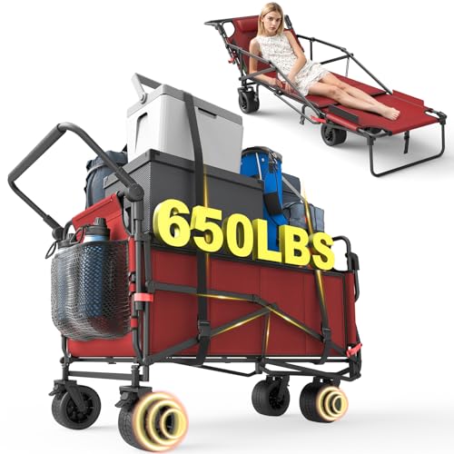 LEVELEVE Heavy Duty Folding Wagon - 2-in-1 Collapsible Cart, All-Terrain Wheels w/Brakes & Side Pockets (Red, 650lb Capacity) - color: Red, size: Large