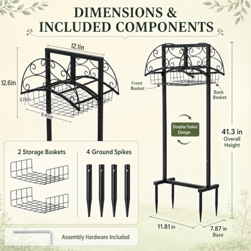 Garden Water Hose Holder Holds 2x150ft Pipes Freestanding Hose Stand Hanger with Storage Basket Heavy Duty Metal Hoses Organizer With 4 Spikes Rustproof Hoses Storage for Outdoor Yard Lawn Garden Farm