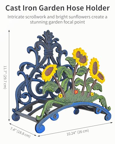 Cast Iron Garden Hose Holder Wall Mount, Rustic Heavy Duty Water Hose Hanger, Decorative Vintage Hose Reel Organizer for Outside Garden Yard Patio, Painted Sunflower Design