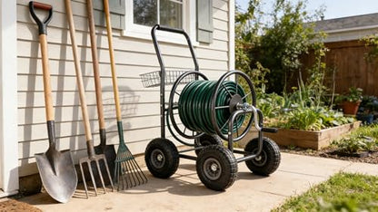 Heavy Duty Garden Hose Reel Cart on Wheels - Portable 4-Wheel Water Hose Holder with Storage Basket, Rust Resistant Outdoor Hose Reel for Easy Watering