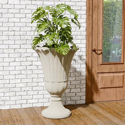 Tall Plastic Urn Planters and Pedestal - 24" Outdoor Planter Beige - color: White-petal