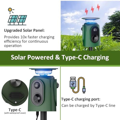 2026 Upgraded Solar Ultrasonic Animal Repeller, 360° Motion Detection with LED Flashing Light, Waterproof Design for Outdoor Garden, Farm, Temporary Yard Protection Against Deer, Cats, Dogs, Raccoons