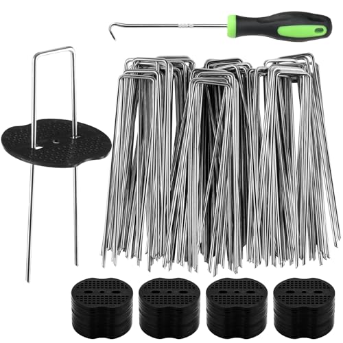 100pcs Garden Stakes Staples+100pcs Gasket, 6Inch 11 Gauge Galvanized Landscape Staples, Lawn Spikes,Heavy Duty Yard Ground Pin for Grass Weed Barrier Sod Fabric,Cover,Fence