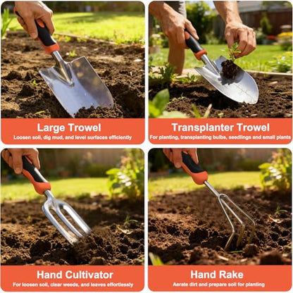 Yesker Gardening Tools 9-Piece Heavy Duty Garden Tool Set Gardening Supplies Gifts for Women Men Gardening Hand Tool Kit with Non-Slip Ergonomic Handle, Garden Bag, Durable Gloves and Shears, Orange - size: 9PCS Black Orange