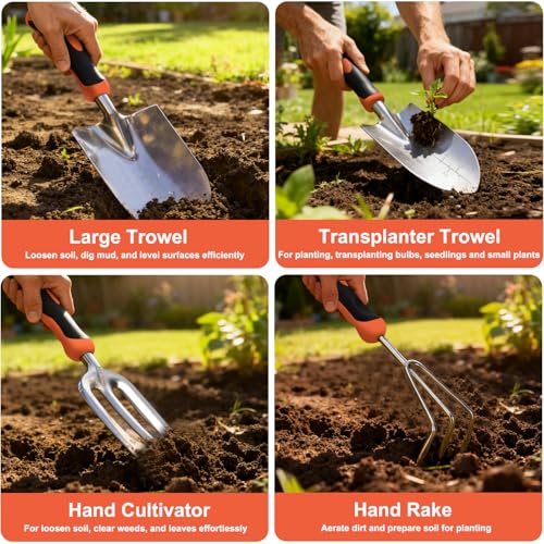 Yesker Gardening Tools 9-Piece Heavy Duty Garden Tool Set Gardening Supplies Gifts for Women Men Gardening Hand Tool Kit with Non-Slip Ergonomic Handle, Garden Bag, Durable Gloves and Shears, Orange - size: 9PCS Black Orange