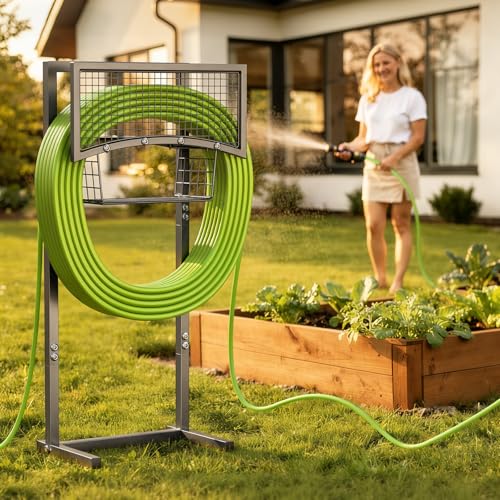 Garden Hose Holder Freestanding with Storage Basket, Holds Up to 165FT Hose, Heavy Duty Metal Water Hose Holder with 4 Anchor Spikes, for Yard, Lawn & Patio - color: Black