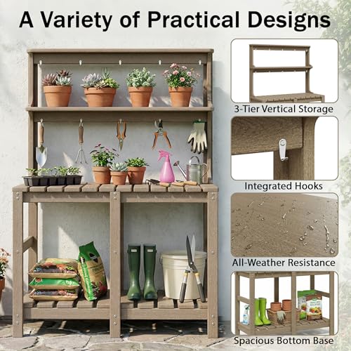 Outdoor Potting Bench with 3 Tier, All-Weather Patio Potting Table with Tool Hooks, HDPE Gardening Table for Backyard, Garden, Brown - color: Brown