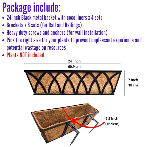 LaLaGreen Outdoor Railing Planter (24 in, 4 Pack) Black Flower Box Holder - size: 24" (60cm) x 4 pack