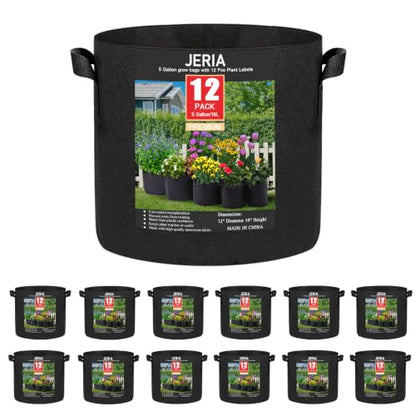 JERIA 12-Pack 5 Gallon Grow Bags, 300G Thickened Nonwoven Garden Pots,Heavy Duty Fabric Pots with Reinforced Handles - size: 5 Gallons