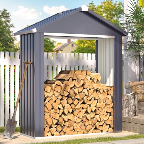 AECOJOY 5x2 Outdoor Firewood Rack Storage Shed, Firewood Rack Outdoor Sheds & Outdoor Storage Cabinet Clearance, Metal Tool Sheds Cabinet Waterproof for Backyard, Garden, Patio in Grey