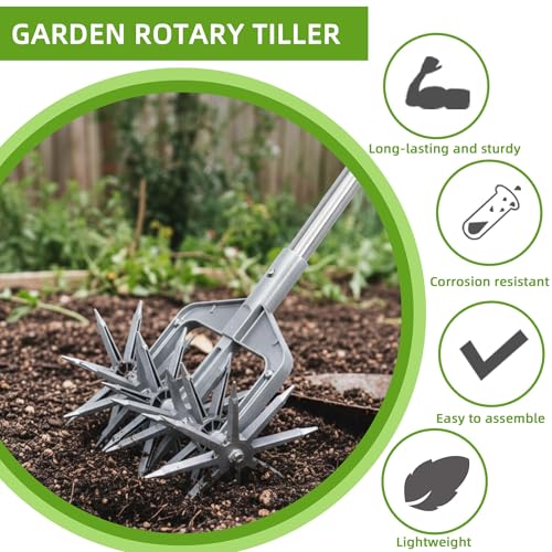 Rotary Cultivator, Hand Tiller Garden Tool with Sturdy Metal Tines