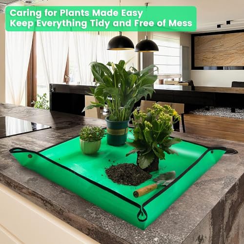 Repotting Mat for Indoor Plants, Green, Thickened PE, 26.8x26.8 Inch, Waterproof Portable Potting Tray for Transplanting and Dirt Control