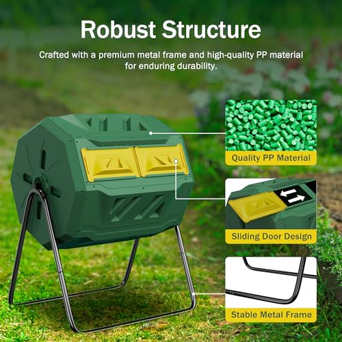 43 Gallon Outdoor Dual Chamber Tumbling Composter - BPA Free, Rotating Compost Bin with Sliding Doors & Steel Frame for Garden/Yard - color: Green