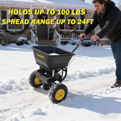 Fertilizer Spreader, Walk-Behind Push Broadcast Spreader - All Season, 100lb Capacity, 13in All-Terrain Pneumatic Tires, Grate/Cover/Enclosed Gearbox, for Seed/Fertilizer/Salt/Snow Melt
