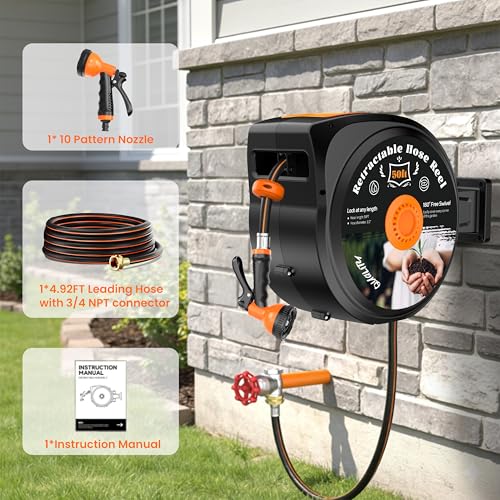 Retractable Garden Hose Reel, 1/2 in x 50 ft Wall Mounted Hose Reel - size: 50 FT