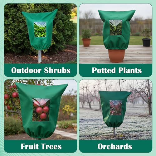 Plant Covers Freeze Protection - 4 Pack Winter Frost Tree Plant Shrub Cloth with Zipper Drawstring Transparent Pane, Frosts Blanket Wrap Bags for Outdoor Cold Weather (Green, 47''×31'')