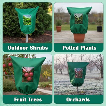 Plant Covers Freeze Protection - 4 Pack Winter Frost Tree Plant Shrub Cloth with Zipper Drawstring Transparent Pane, Frosts Blanket Wrap Bags for Outdoor Cold Weather (Green, 47''×31'')