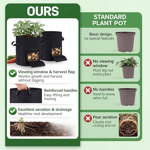 2pcs 10 Gallon Potato Grow Bags with Harvest Window & Visible Window 350g Thickened Nonwoven Fabric Pots, Sturdy Handle Garden Planting Bag for Vegetable Fruits Tomato Growing