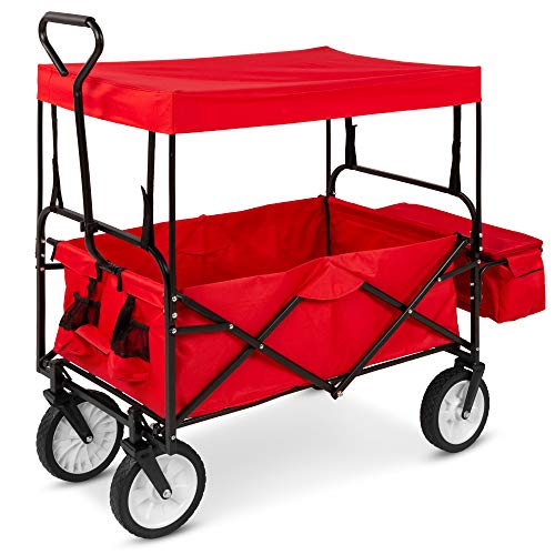 Best Choice Products Collapsible Folding Outdoor Utility Wagon with Canopy Garden Cart for Beach, Picnic, Camping, Tailgates w/Removable Canopy, Detachable Pockets, 150lb Weight Capacity - Red - color: Red