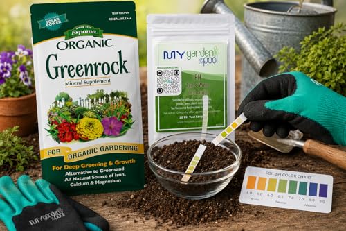 Espoma Organic Greenrock All-Natural Mineral Supplement and Fertilizer for Organic Gardening. for Flowers, Vegetables 7 LBS with My Garden Pool PH Soil Test Strips 20 ct, and Gardening Claw Gloves