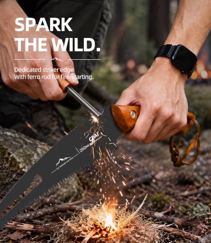 S53 Curved Pruning Saw, 10-Inch SK85 Steel Hand Saw with Triple-Ground Teeth, Rosewood Handle, Protective Leather Sheath and Fire Starter for Tree Trimming, Camping, Gardening, Bushcraft