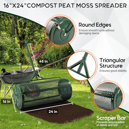 4Pcs Lawn Care Tool Kit -16”WX24”L Compost and Peat Moss Spreader, 20" Soil Sampler Probe,10”WX42”L Hollow Tine Lawn Aerator,10”DX30”LX75”H Leveling Rake, 4-Step Lawn & Garden Care System