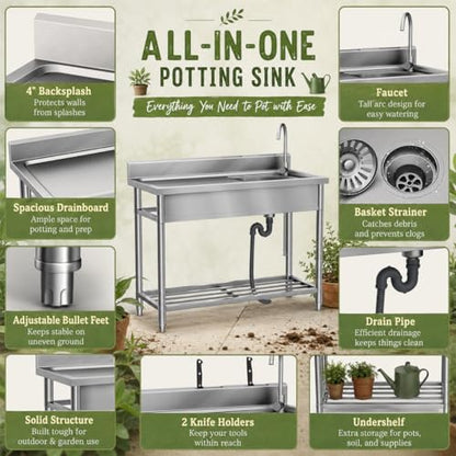 Potting Bench for Outdoor Garden, 47 Inch Stainless Steel Potting Table - size: 47 Inch